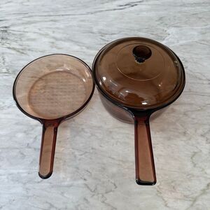 Set of 2 Vintage Pyrex Corning Ware Vision Amber Glass 1.5L Sauce Pot & skillet